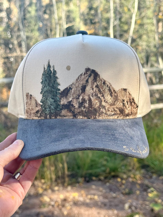 Hand painted canvas hat with soft grey suede brim - Mountain trail vibes