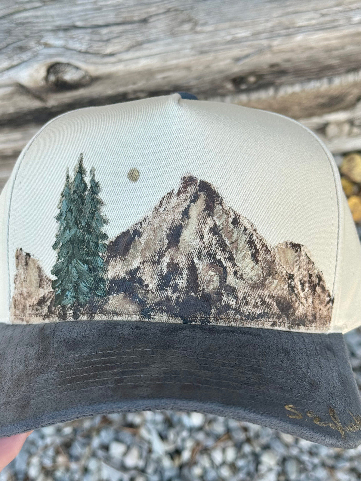 Hand painted canvas hat with soft grey suede brim - Mountain trail vibes