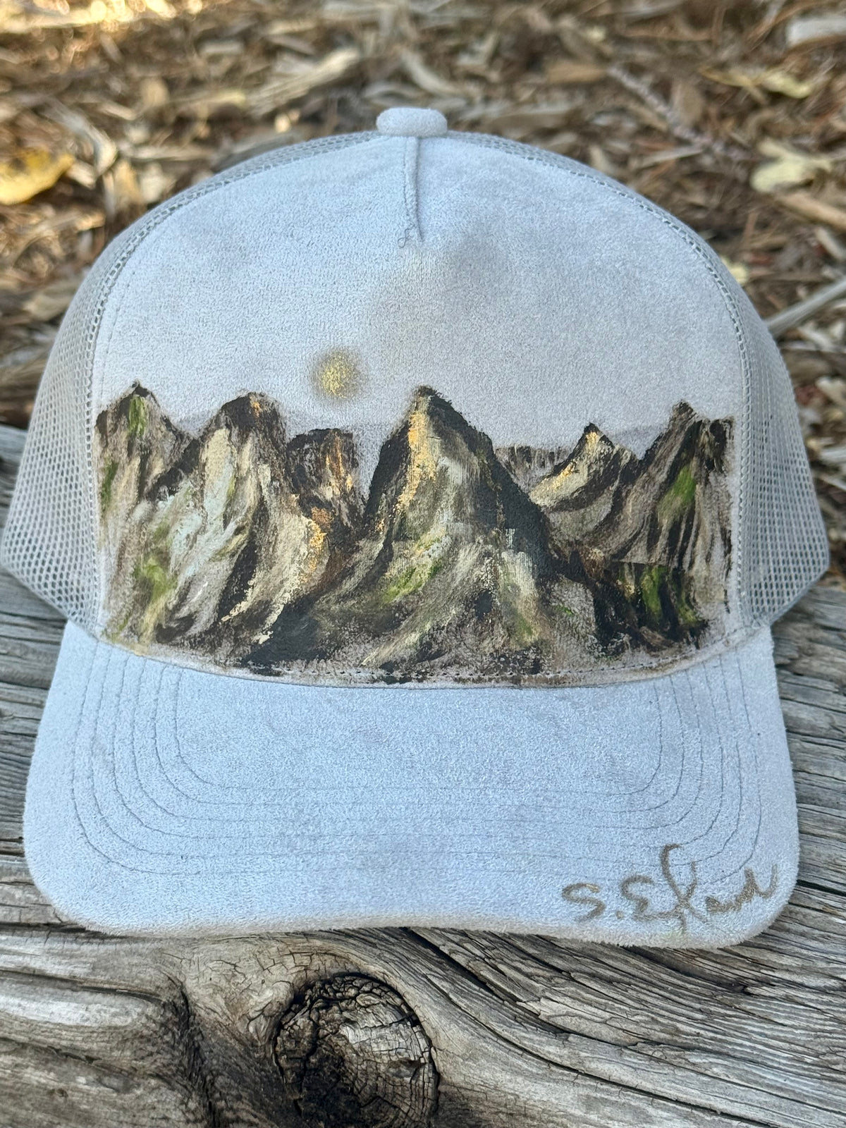 Hand painted on soft light grey suede hat - mountain drive vibes