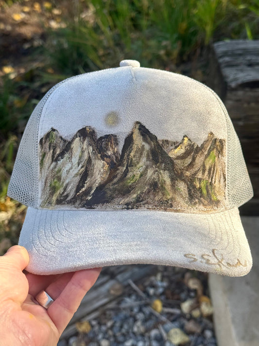 Hand painted on soft light grey suede hat - mountain drive vibes