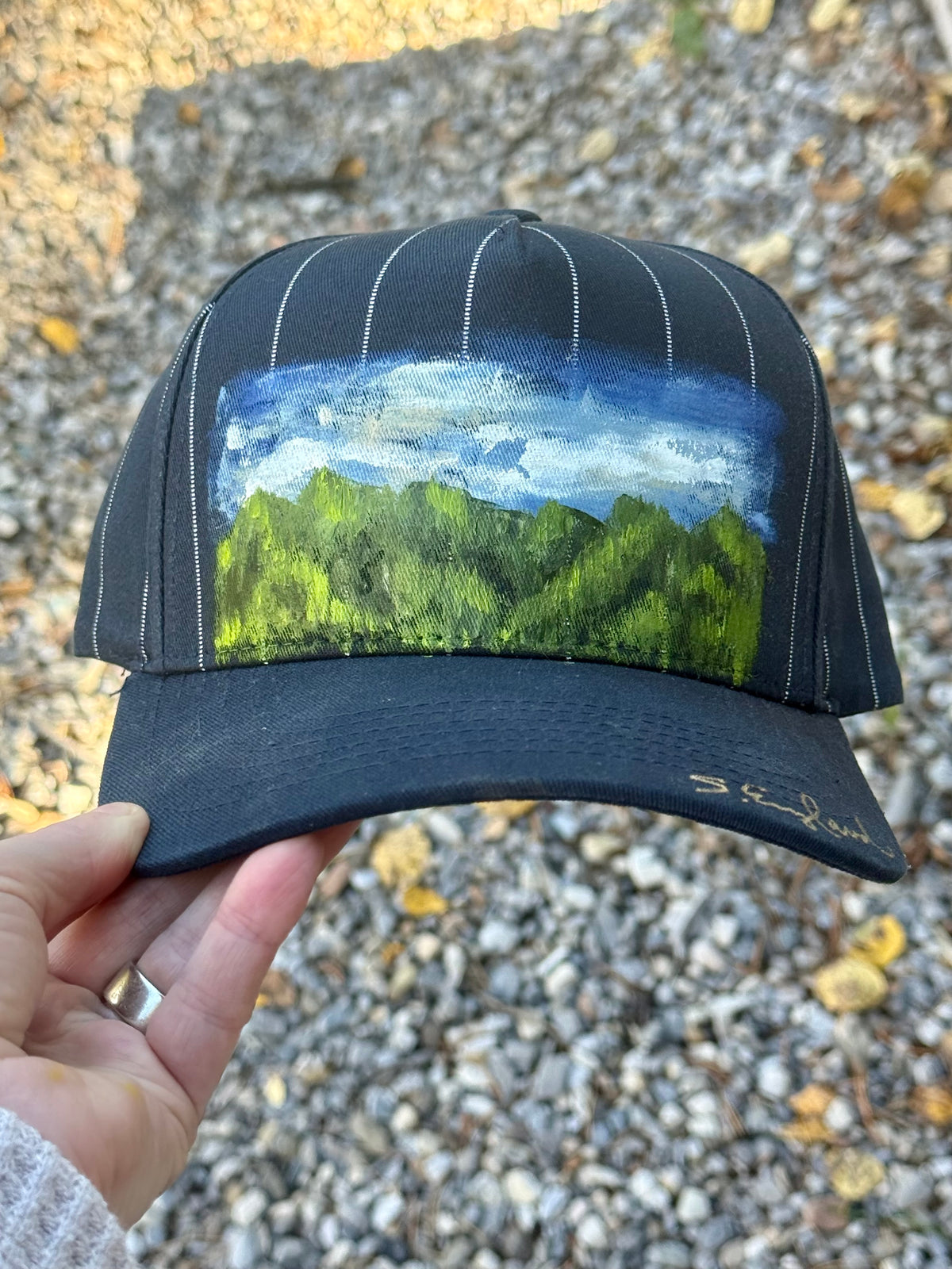 Hand painted blue/white stripped canvas hat - Summer mountain vibes