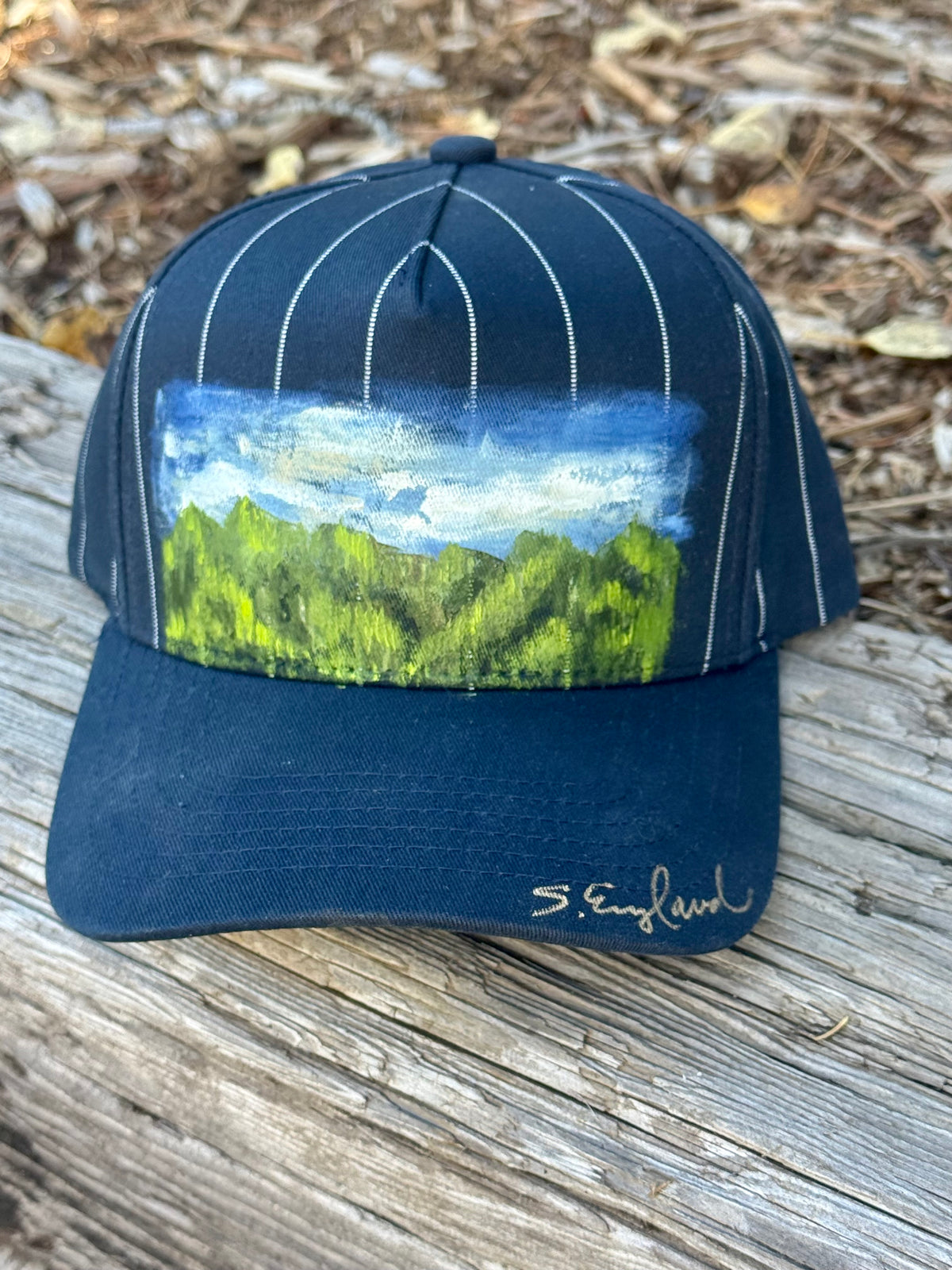 Hand painted blue/white stripped canvas hat - Summer mountain vibes