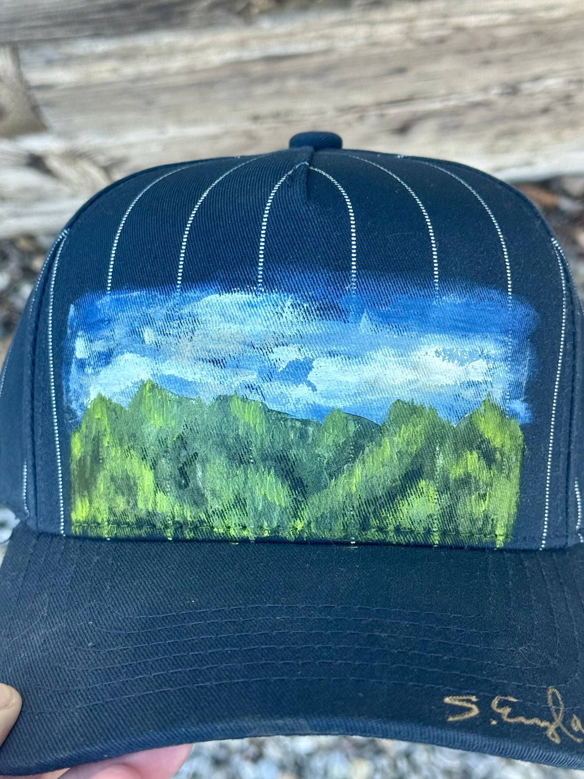 Hand painted blue/white stripped canvas hat - Summer mountain vibes
