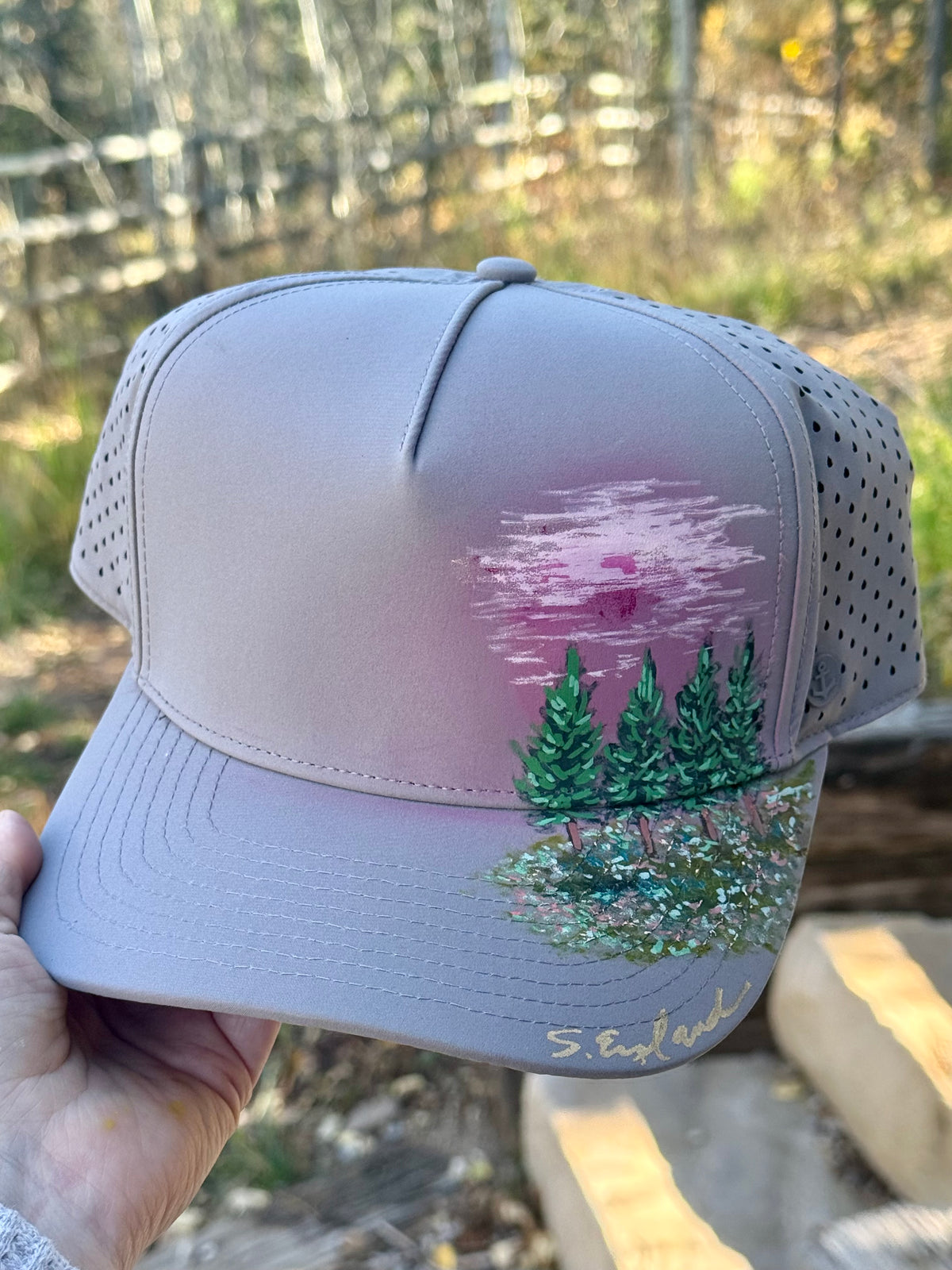 Hand painted soft grey waterproof material for running - springtime vibes