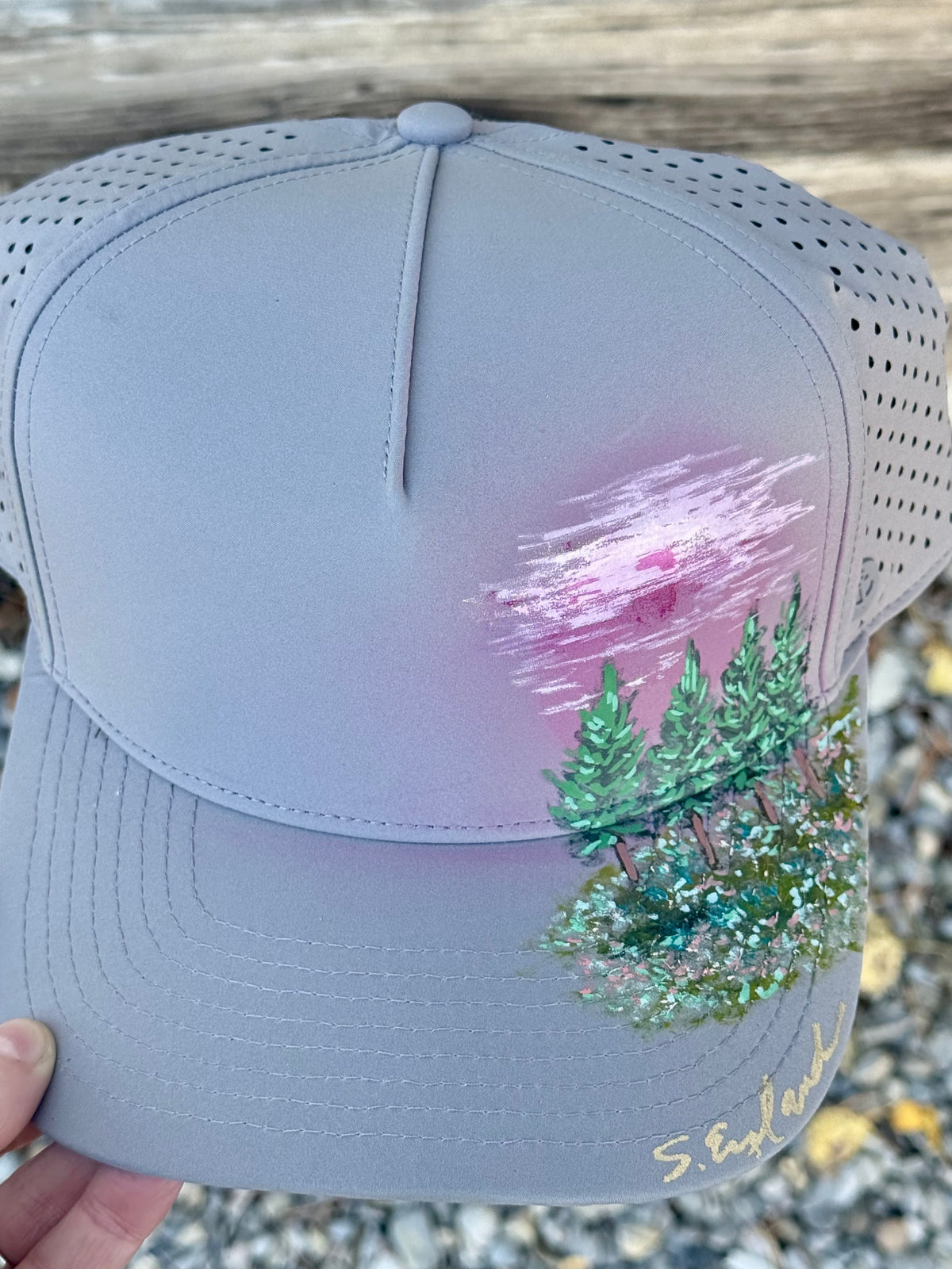 Hand painted soft grey waterproof material for running - springtime vibes