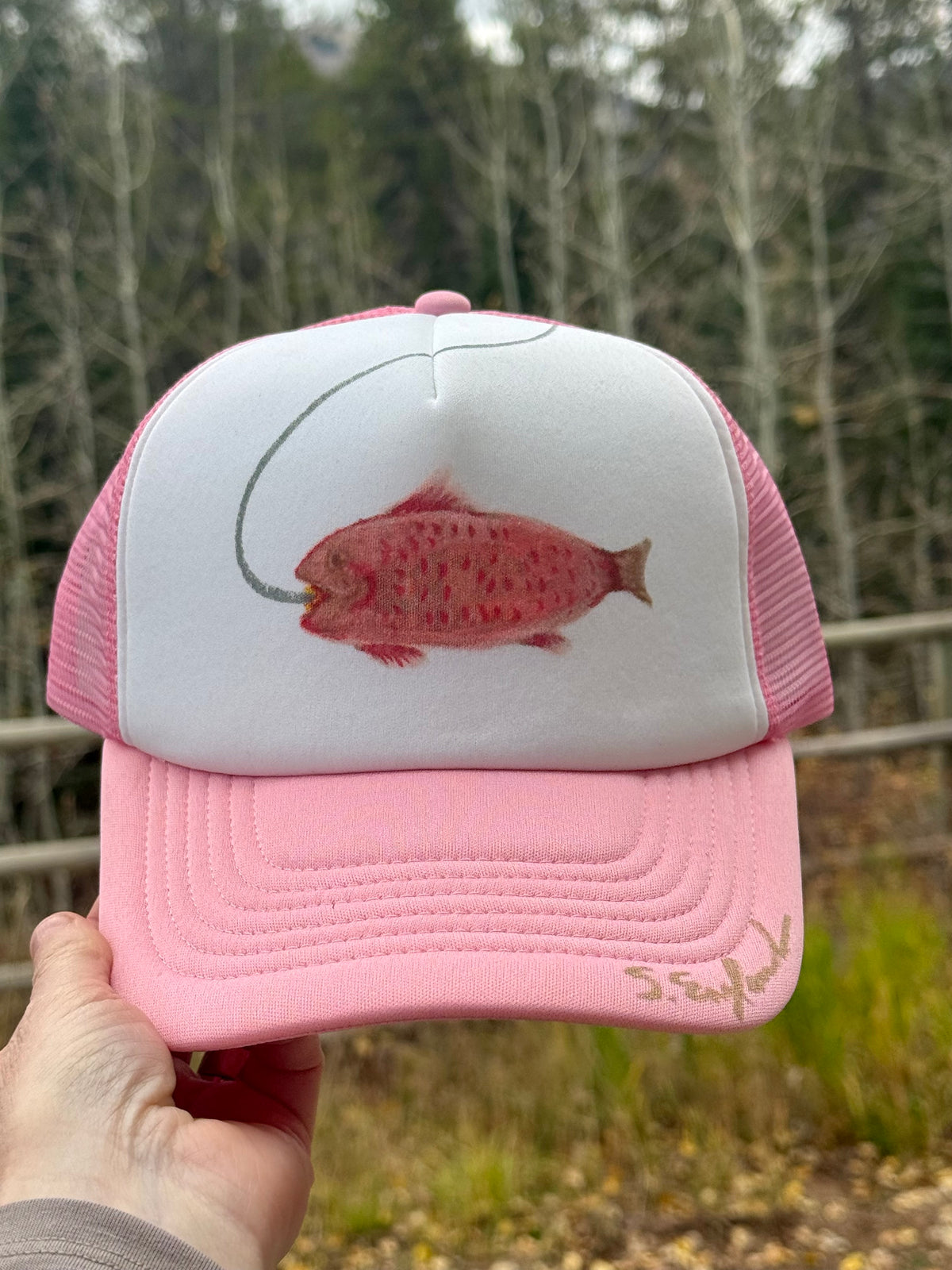 Hand painted wearable art! Painted on pink/white foam trucker hat - salmon fish