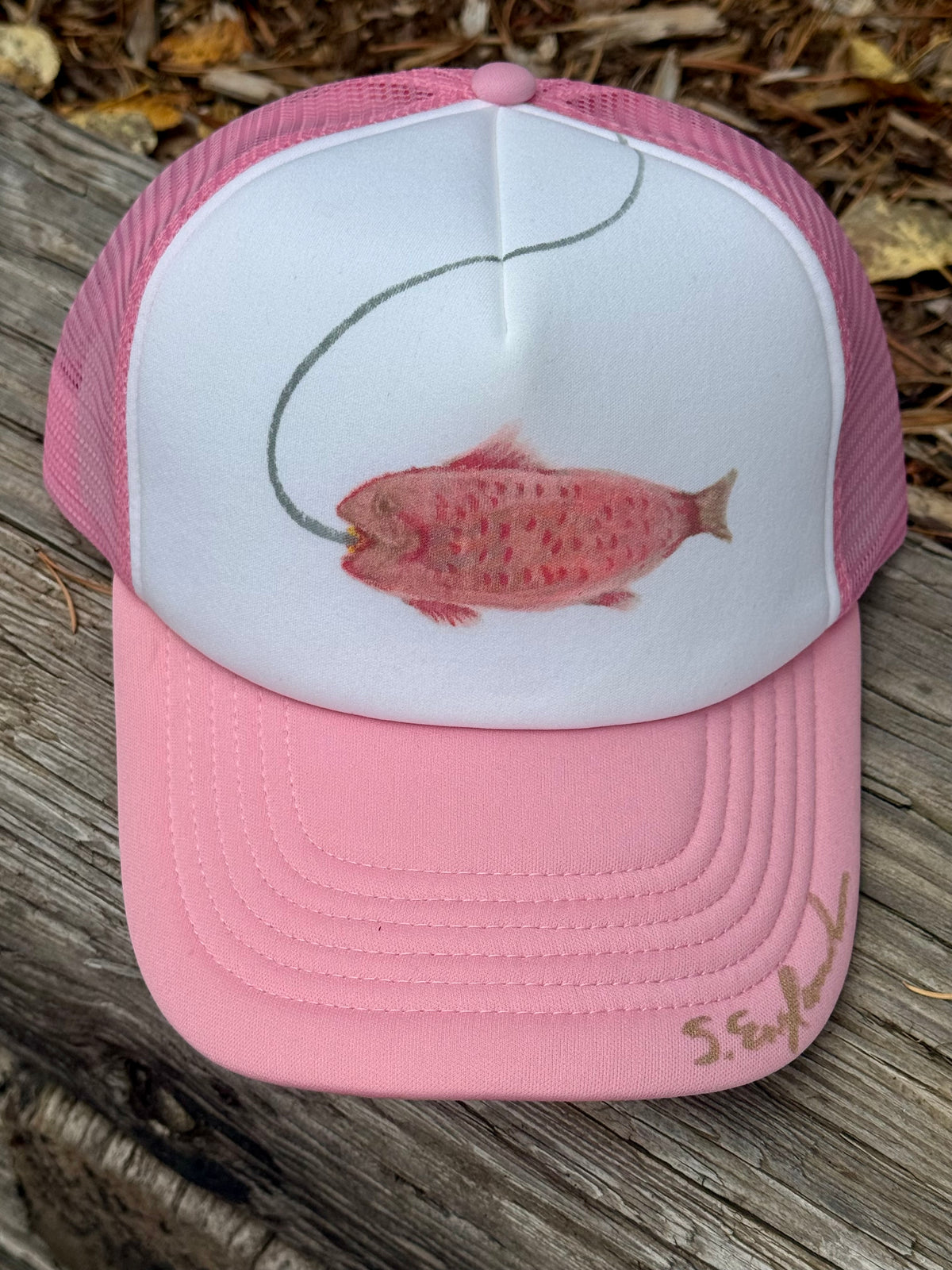 Hand painted wearable art! Painted on pink/white foam trucker hat - salmon fish
