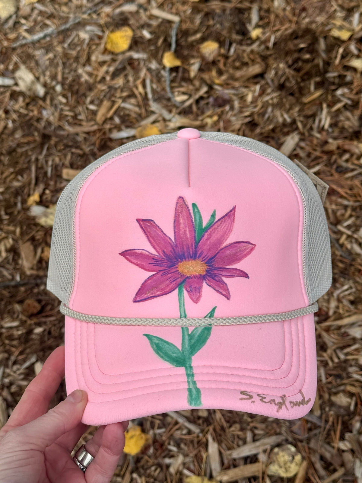 Hand painted wearable art! Painted on pink/cream foam trucker hat - lone wildflower