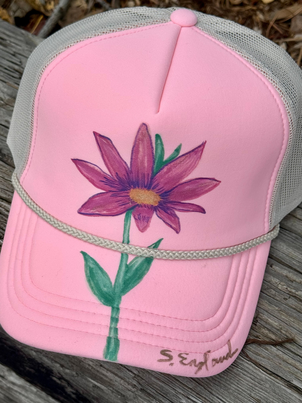 Hand painted wearable art! Painted on pink/cream foam trucker hat - lone wildflower