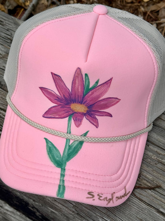 Hand painted wearable art! Painted on pink/cream foam trucker hat - lone wildflower