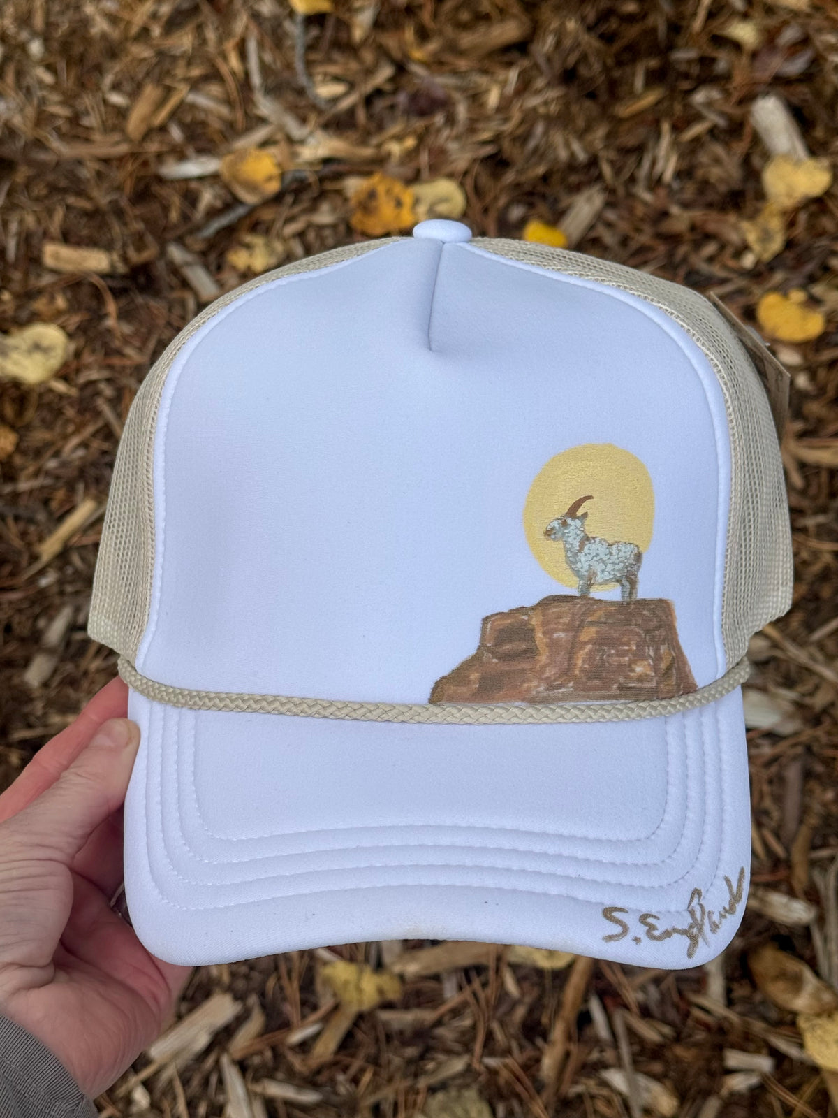 Hand painted wearable art!  Painted on white/cream foam trucker hat - lone goat