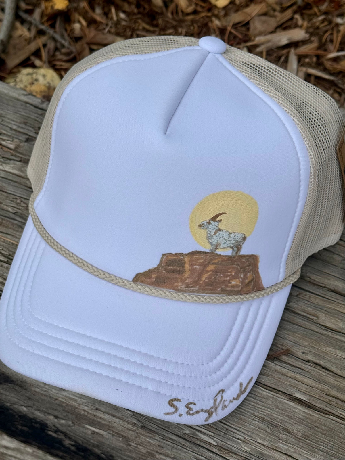 Hand painted wearable art!  Painted on white/cream foam trucker hat - lone goat