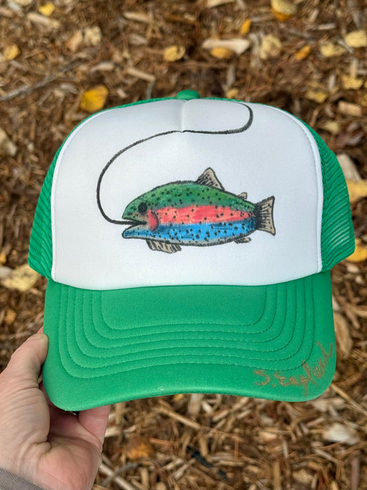 Hand painted wearable art!  Painted on white/green foam trucker hat - rainbow fish
