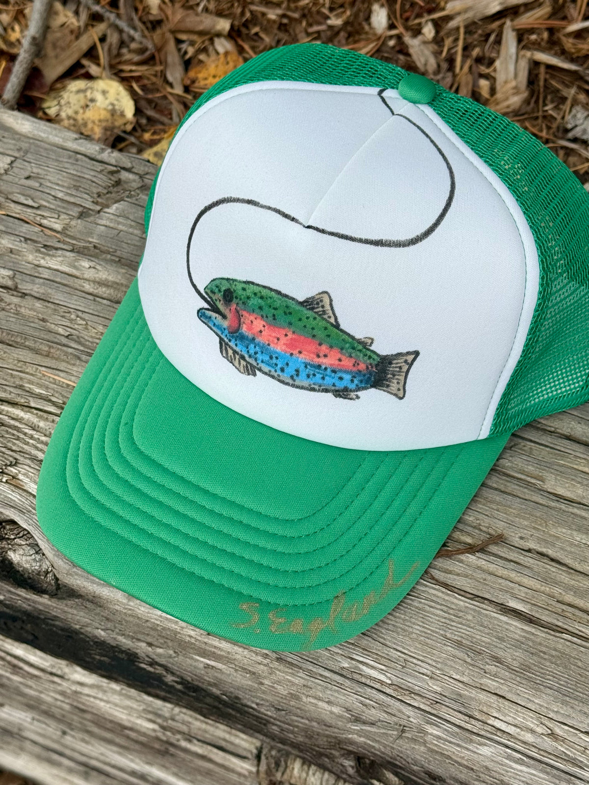 Hand painted wearable art!  Painted on white/green foam trucker hat - rainbow fish