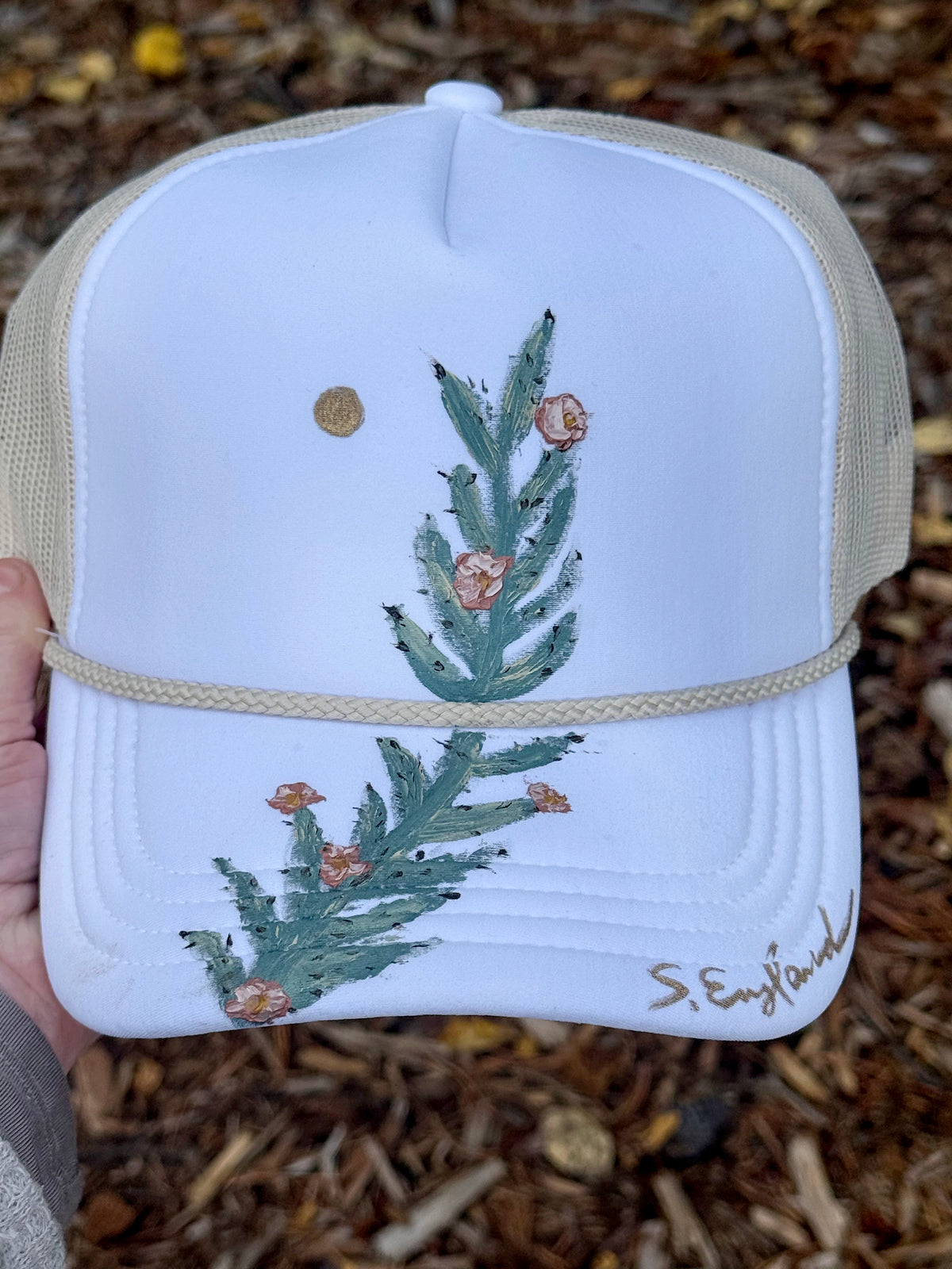 Hand painted wearable art!  Painted on white/cream foam trucker hat - cactus scene
