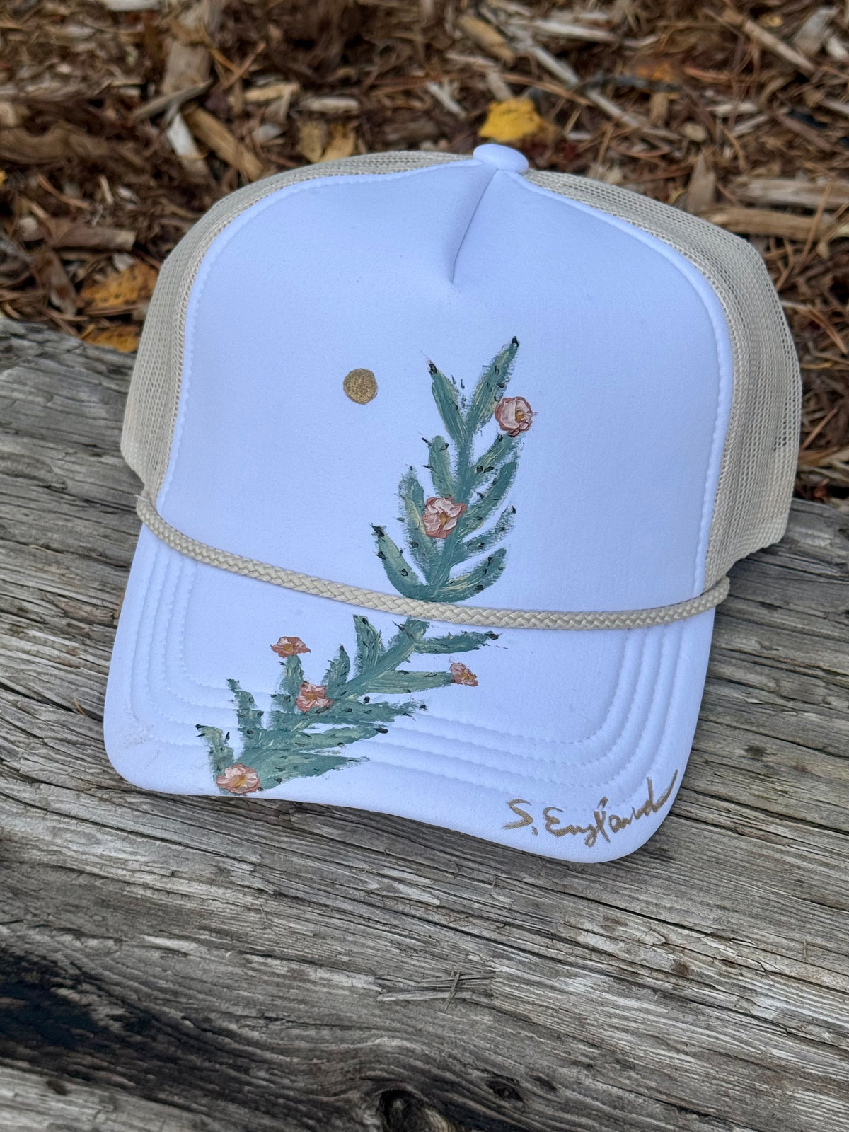 Hand painted wearable art!  Painted on white/cream foam trucker hat - cactus scene