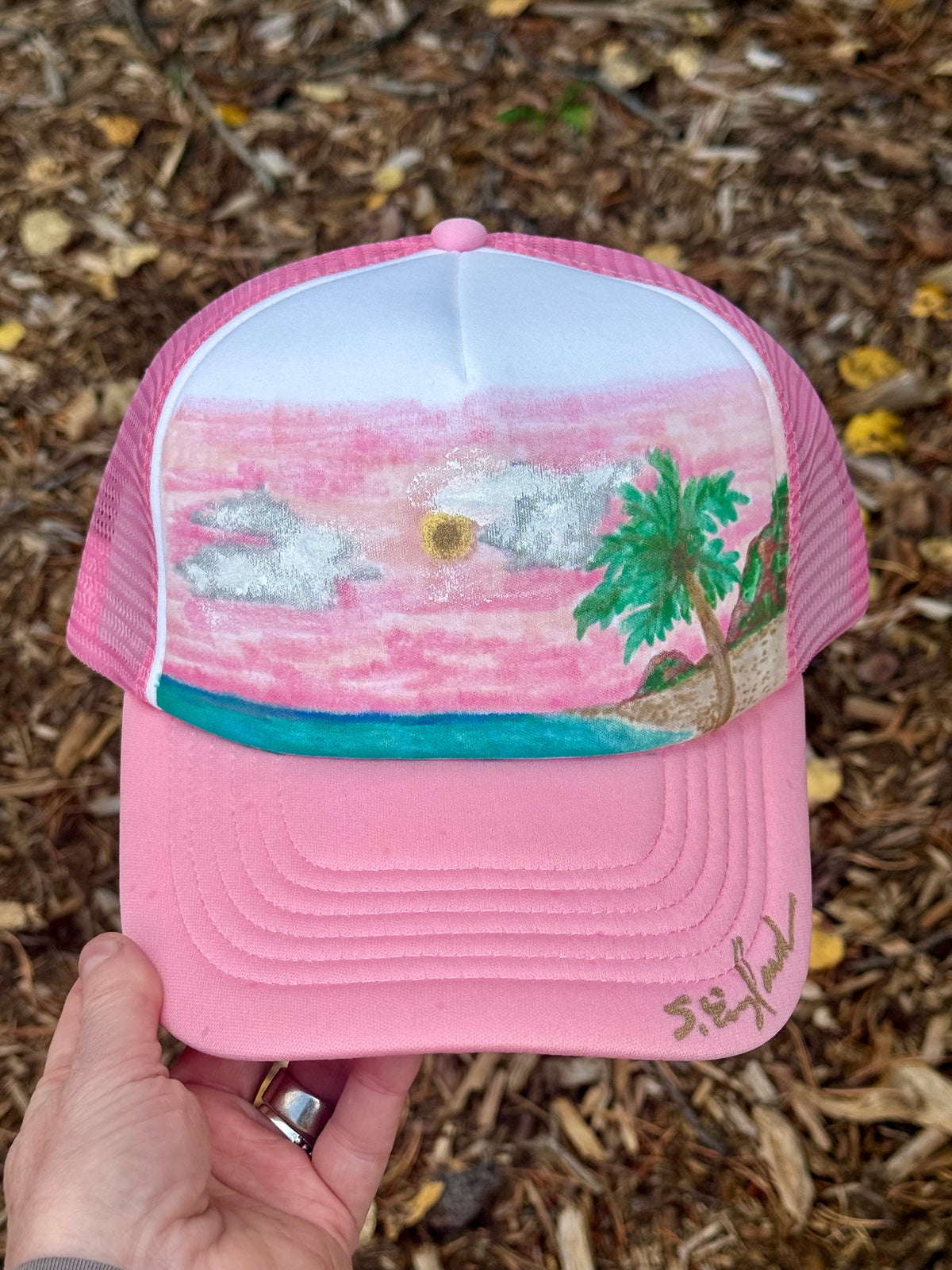 Hand painted wearable art!  Painted on white/pink foam trucker hat - Tropical sunset