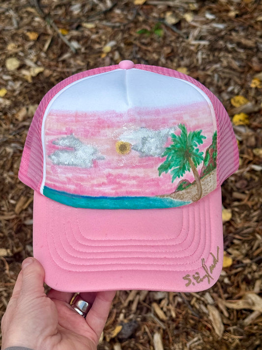Hand painted wearable art!  Painted on white/pink foam trucker hat - Tropical sunset