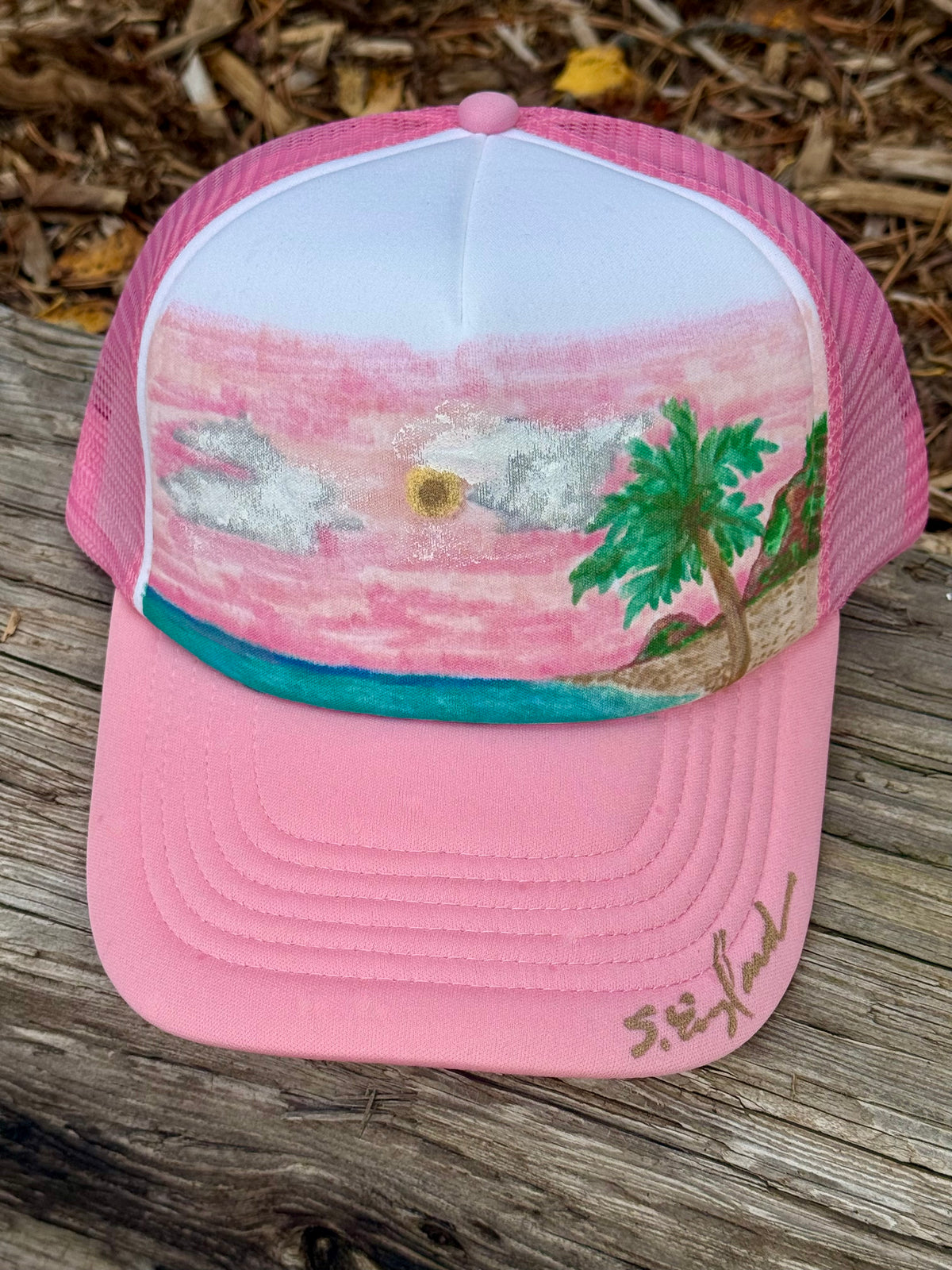 Hand painted wearable art!  Painted on white/pink foam trucker hat - Tropical sunset