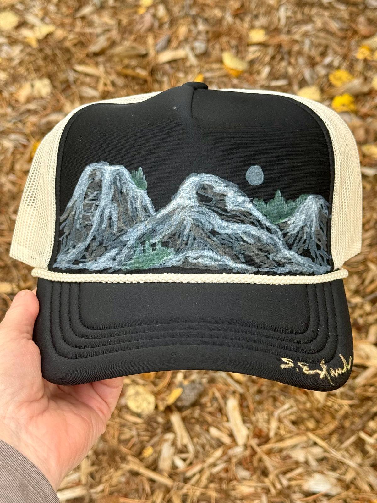 Hand painted wearable art!  Painted on black/cream foam trucker hat - abstract mountain scene