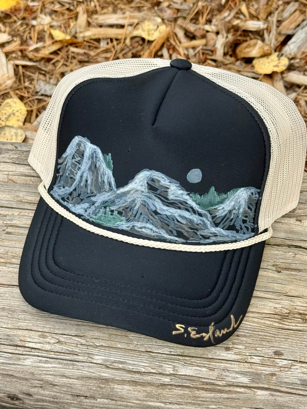 Hand painted wearable art!  Painted on black/cream foam trucker hat - abstract mountain scene