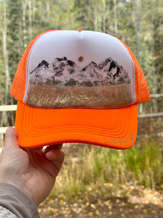Hand painted wearable art painted on white/orange foam trucker hat - nature vibes