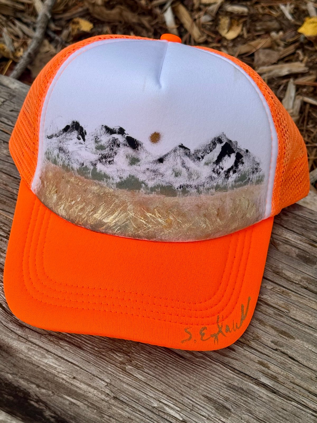 Hand painted wearable art painted on white/orange foam trucker hat - nature vibes