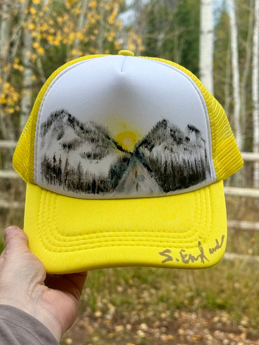 Hand painted wearable art!  Bright yellow/white foam trucker hat with an open road theme
