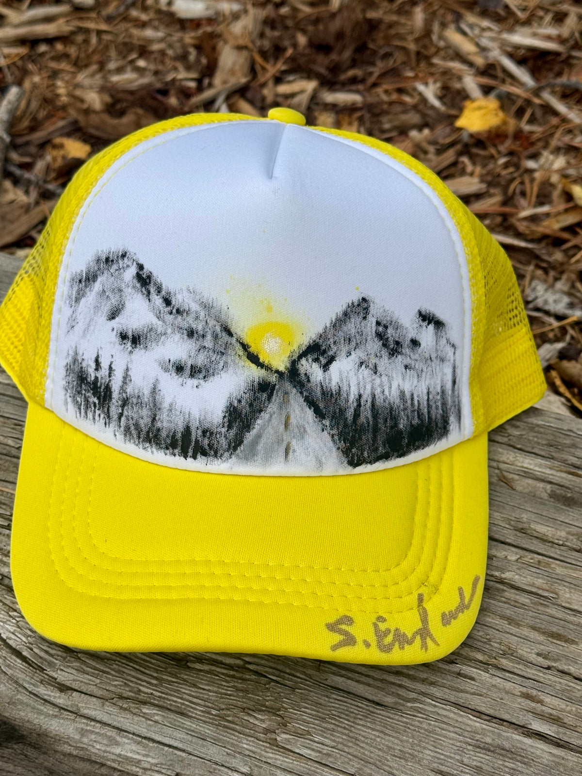 Hand painted wearable art!  Bright yellow/white foam trucker hat with an open road theme