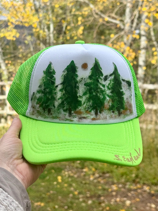 Hand painted tree scene on bright green/white foam trucker hat