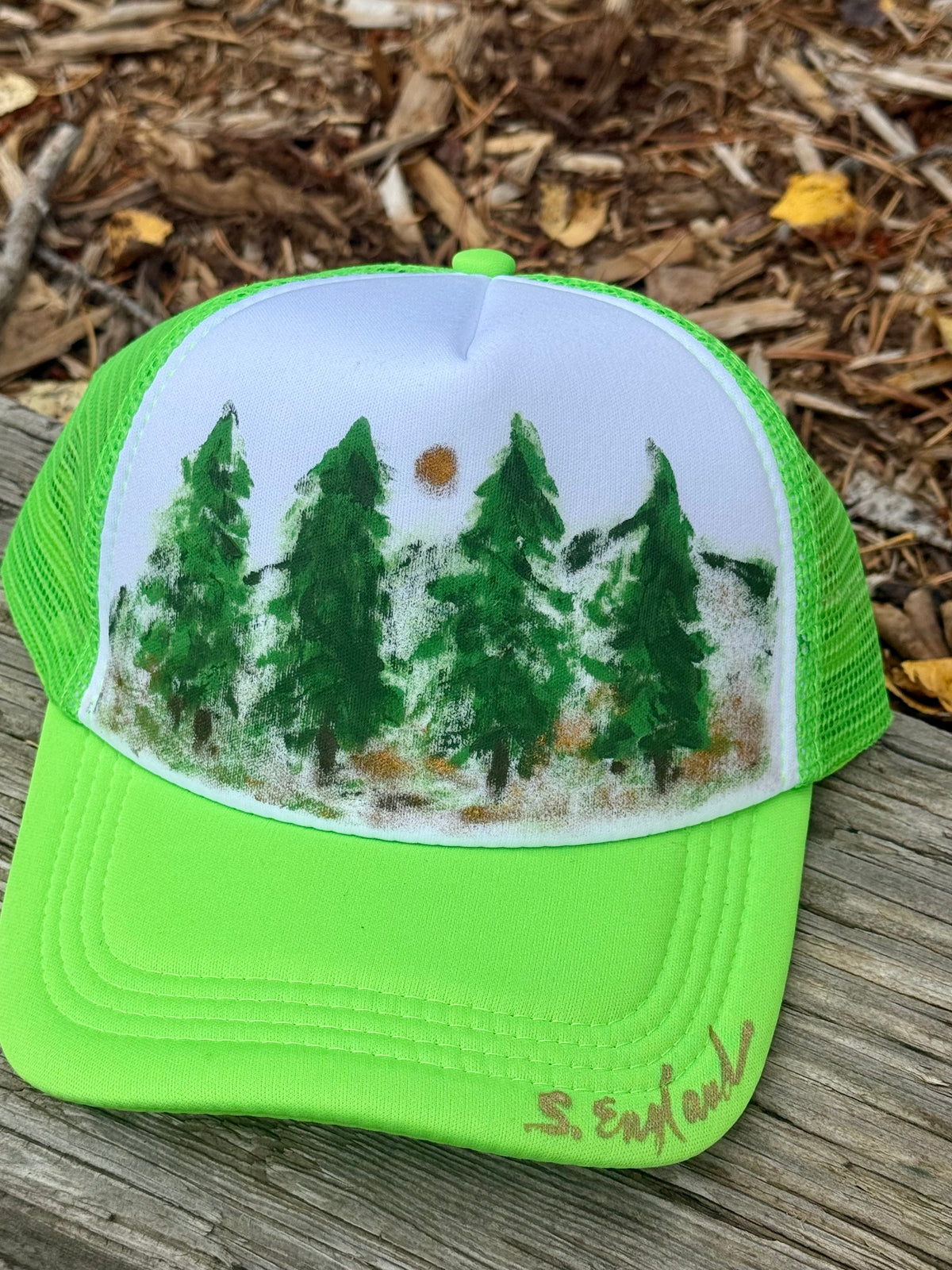 Hand painted tree scene on bright green/white foam trucker hat