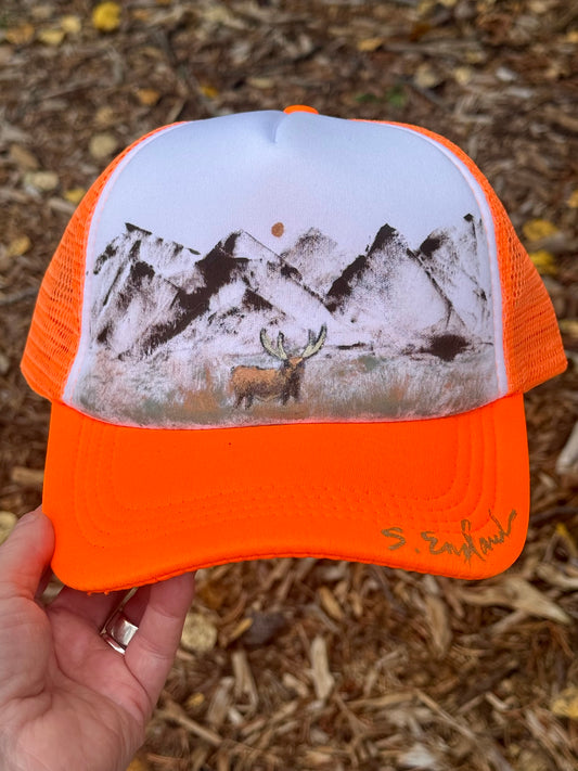 Hand painted bright orange cotton foam trucker hat - deer vibes