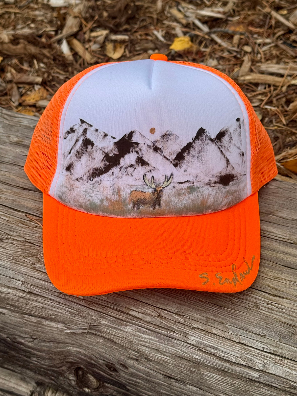 Hand painted bright orange cotton foam trucker hat - deer vibes