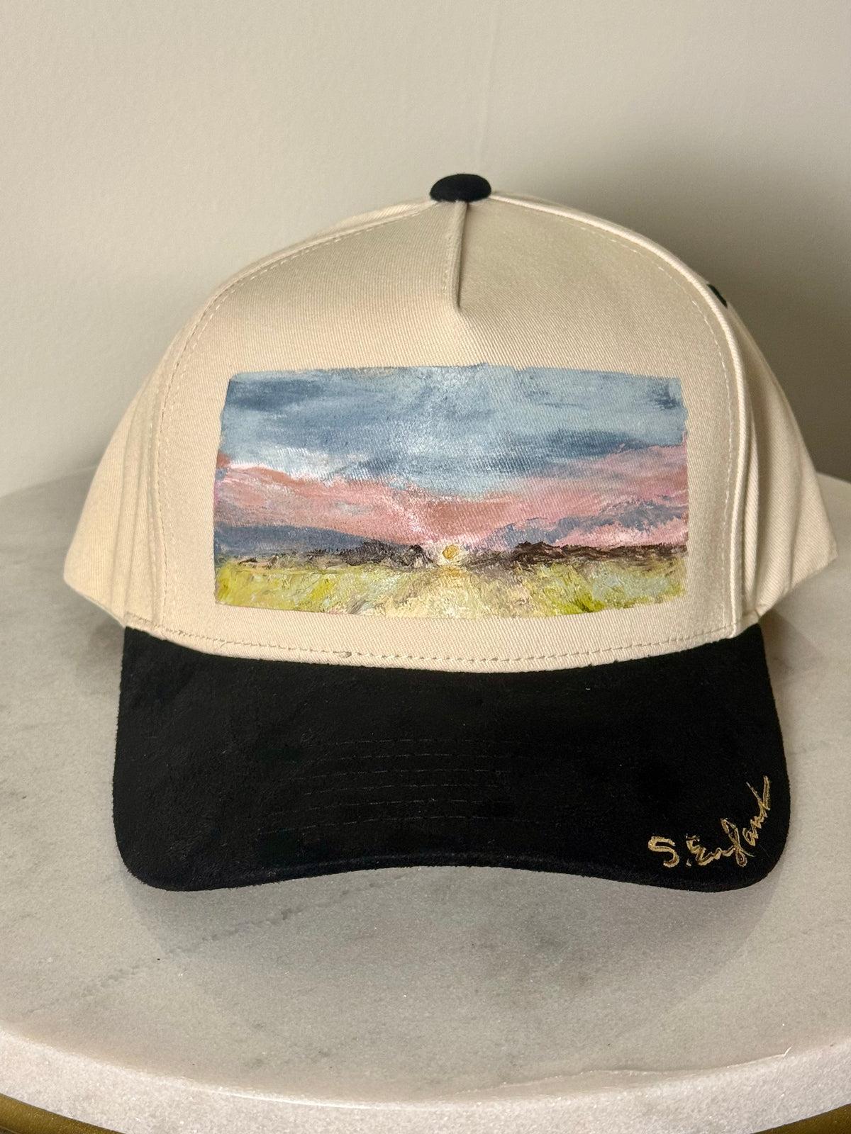 Wearable art! Hand painted cream/black baseball cap - scenic landscape