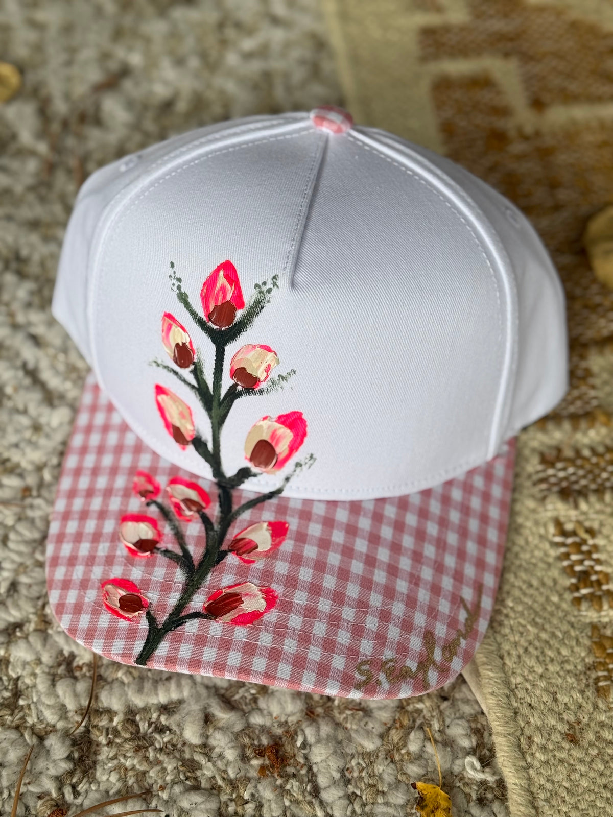 Hand painted wearable art! White/pink canvas baseball hat - lone wildflower