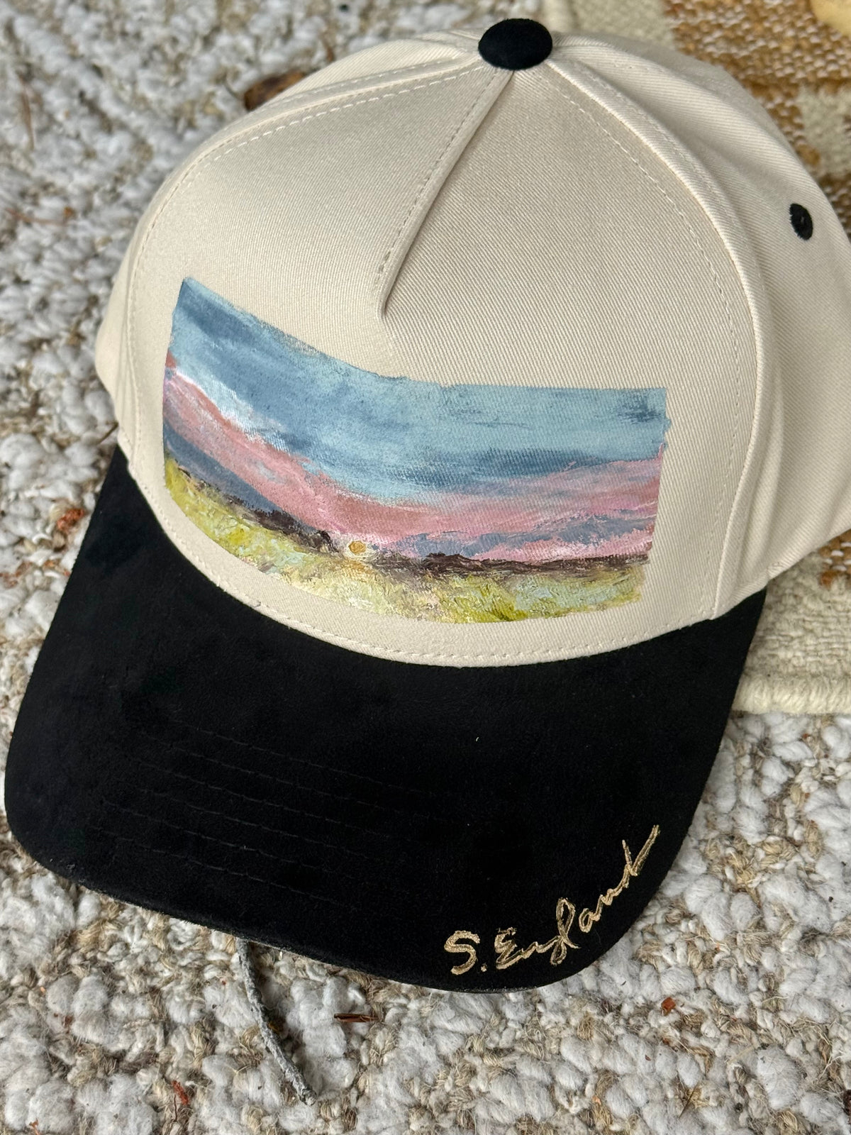Wearable art! Hand painted cream/black baseball cap - scenic landscape