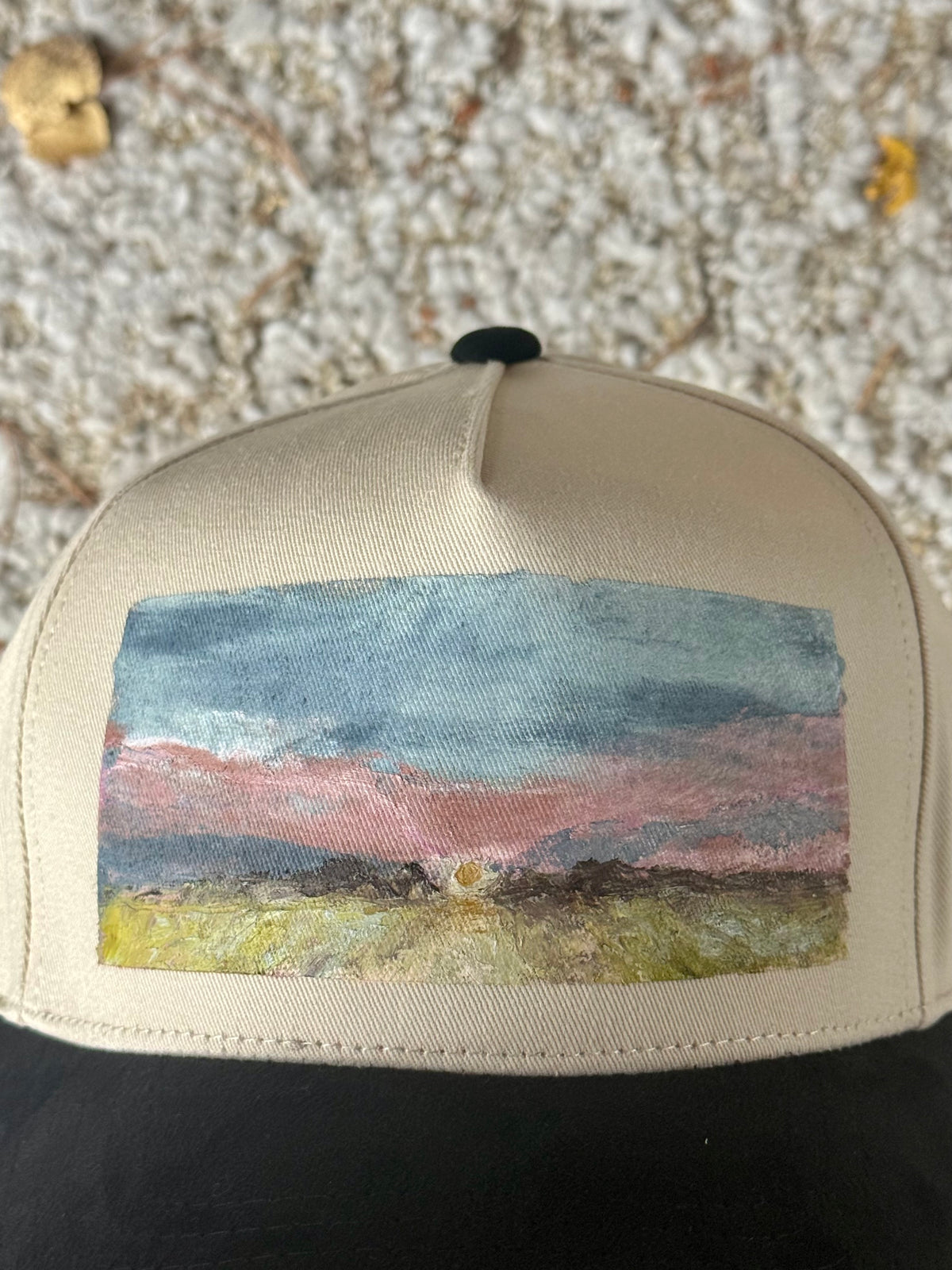 Wearable art! Hand painted cream/black baseball cap - scenic landscape