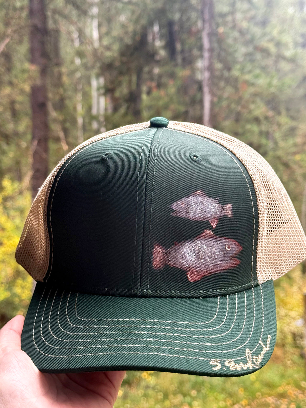 Wearable art!  Hand painted on green canvas baseball hat - two fish