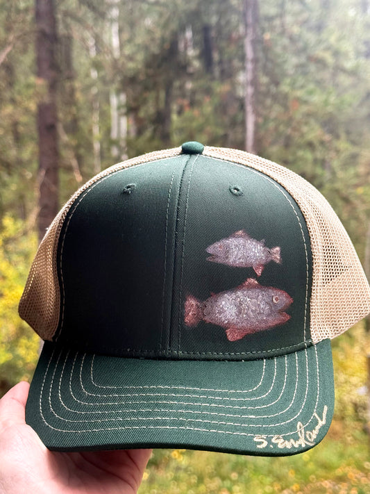 Wearable art!  Hand painted on green canvas baseball hat - two fish