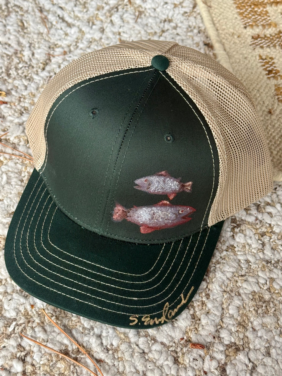 Wearable art!  Hand painted on green canvas baseball hat - two fish