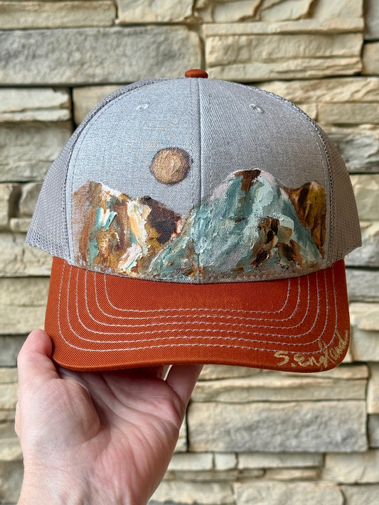 Hand painted wearable art! Painted on grey/orange canvas baseball hat - abstract mountain scape