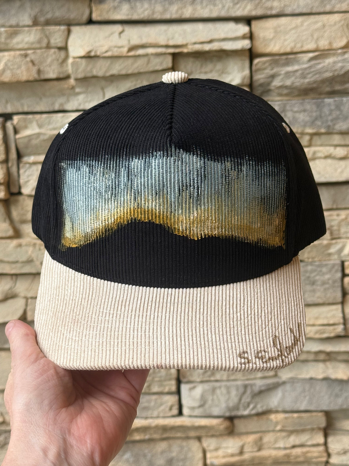 Hand painted on corduroy black/cream ball cap- sunset vibes