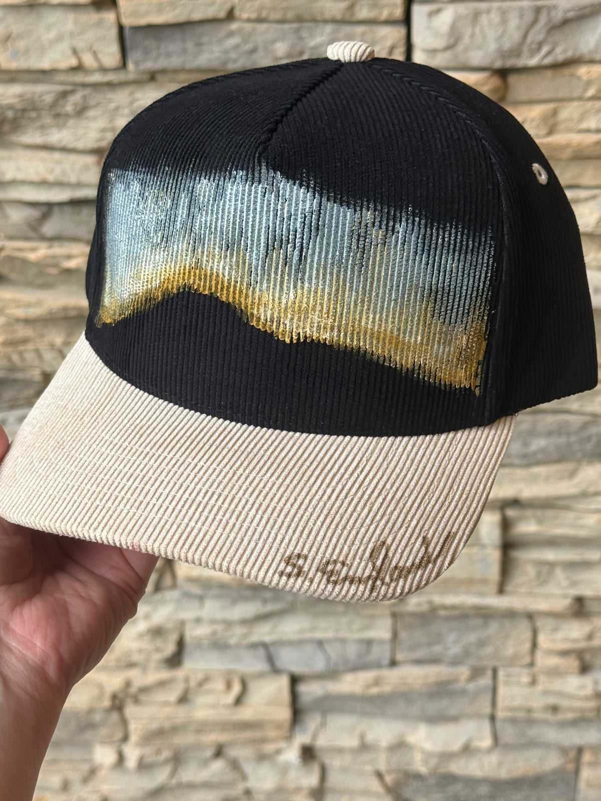 Hand painted on corduroy black/cream ball cap- sunset vibes