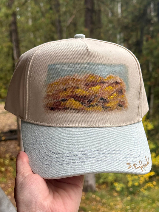 Hand painted wearable art!  Painted on cream/denim blue baseball hat - fall mountains