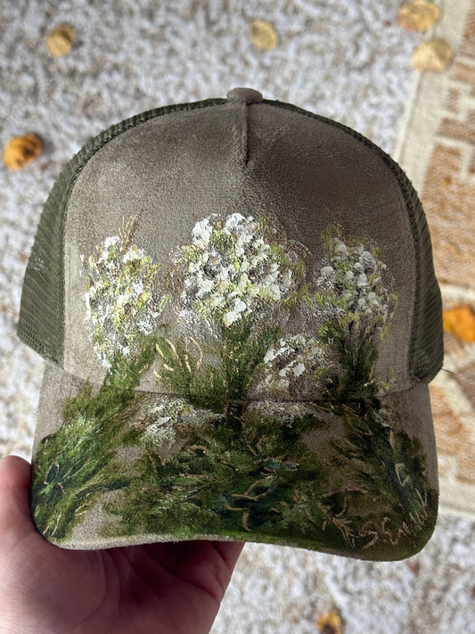 Hand painted wearable art! Painted on green vegan suede baseball hat - white begonias