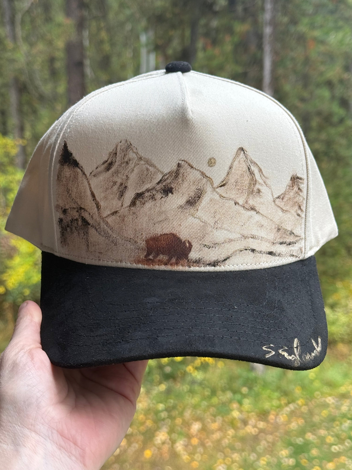 Wearable art! Hand painted on cream canvas/ black suede baseball hat - Buffalo scene