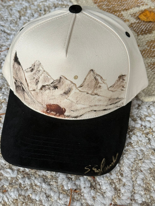 Wearable art! Hand painted on cream canvas/ black suede baseball hat - Buffalo scene