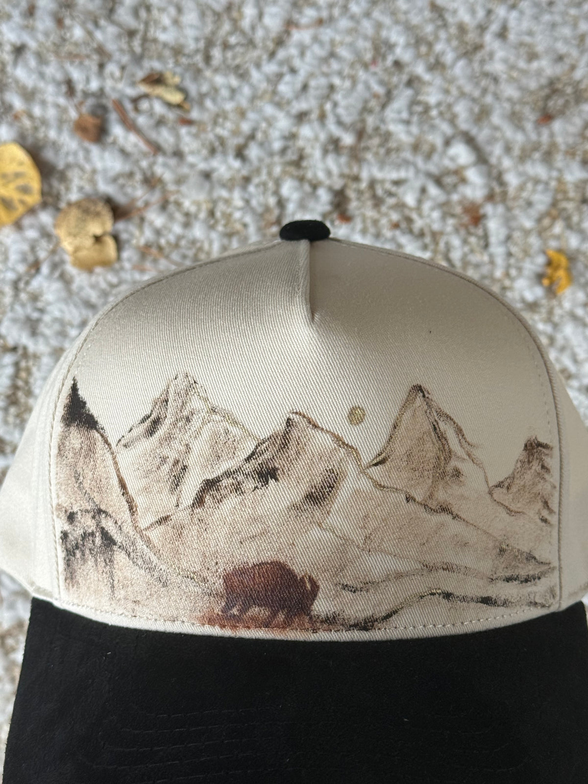 Wearable art! Hand painted on cream canvas/ black suede baseball hat - Buffalo scene