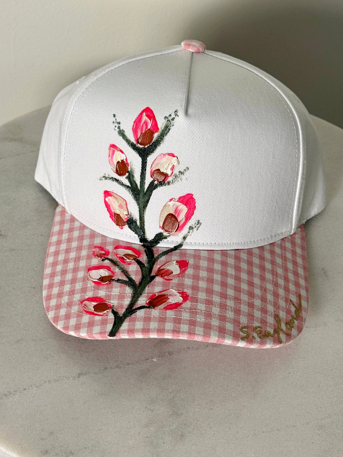Hand painted wearable art! White/pink canvas baseball hat - lone wildflower