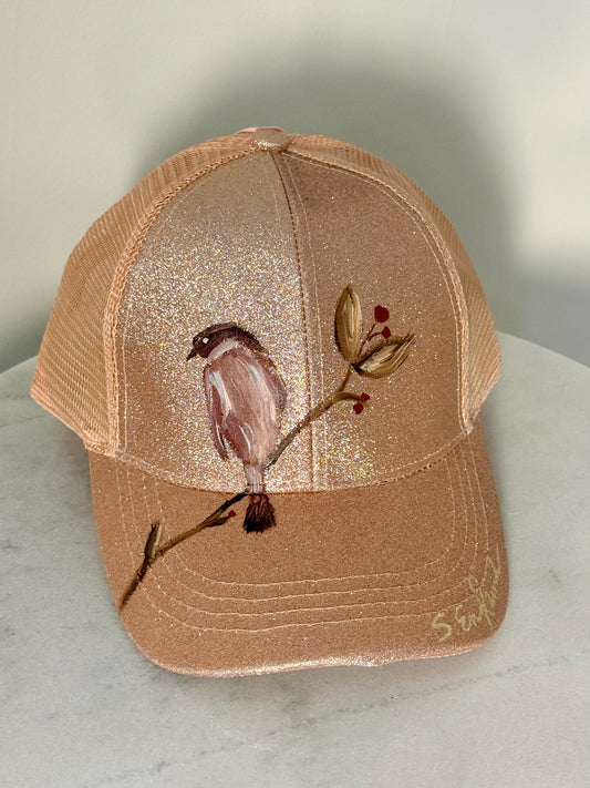 Wearable art! Hand painted bird on rose gold sparkle baseball hat